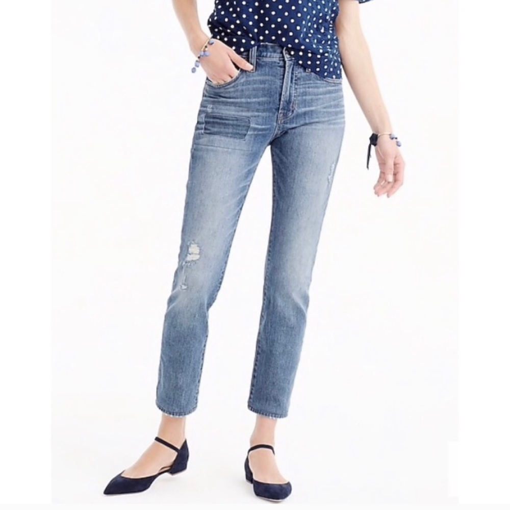 J Crew Vintage Crop Straight Leg High Waisted Denim Patchwork Jeans Size 31